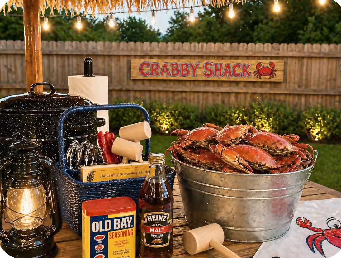 A wooden sign with 'CRABBY SHACK' and a crab logo, a bucket of cooked crabs, a lantern, a bottle of Old Bay seasoning, a bottle of Heinz malt vinegar, and a wooden mallet.