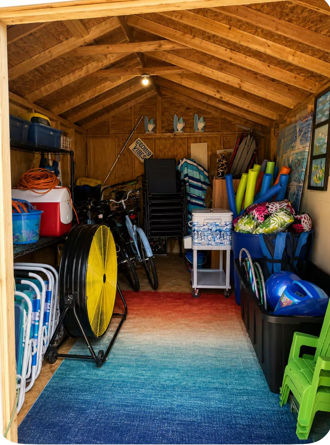 A small, wooden-paneled room with a sloped ceiling, a bicycle, a fan, and various storage bins and containers.