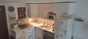 A compact kitchen with a sink, microwave, and a refrigerator. - New Listing (Les Mathes)