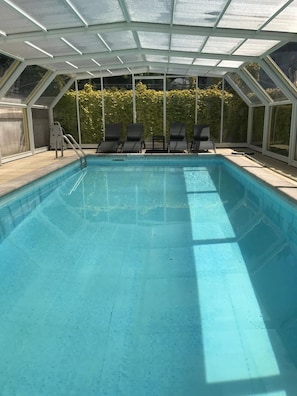 Una piscina interior con techo de vidrio, rodeada de sillones de descanso y un seto verde.