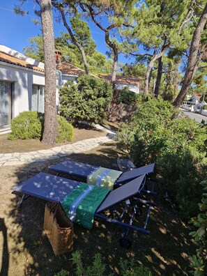 Un jardin avec un transat et une petite table, entouré d’arbres et bordé d’un chemin de pierres.