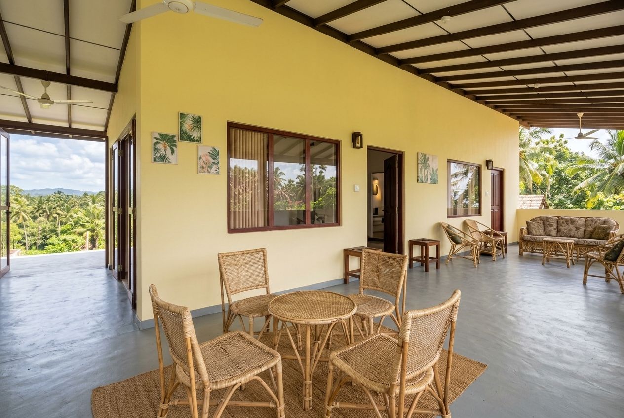 Una habitación amplia con techo alto, ventanas grandes y vistas al exterior. Hay un comedor con muebles de mimbre y un ventilador de techo.