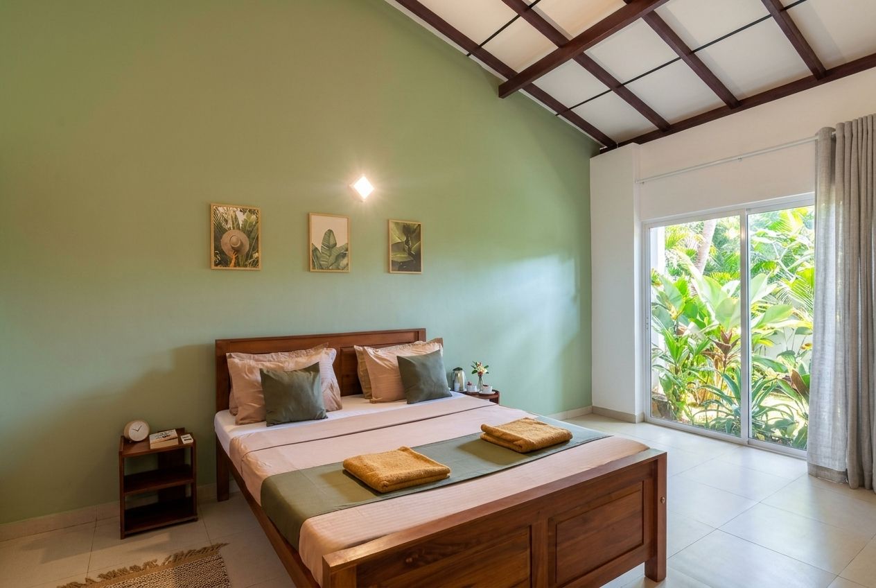 Un dormitorio con cama, mesitas de noche y una ventana con vistas a la vegetación.
