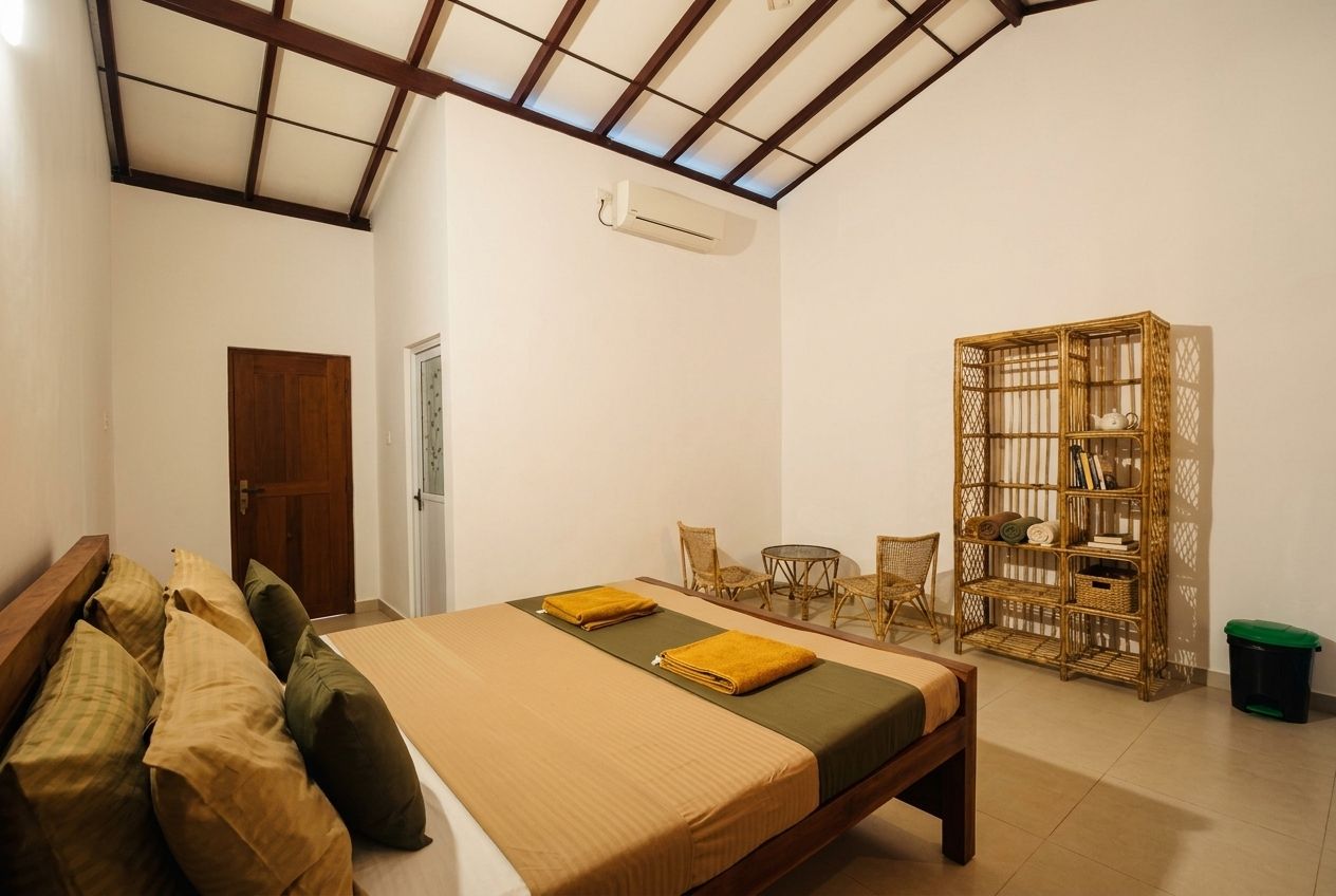 Un dormitorio con cama, una mesita, sillas, una estantería y un equipo de aire acondicionado.