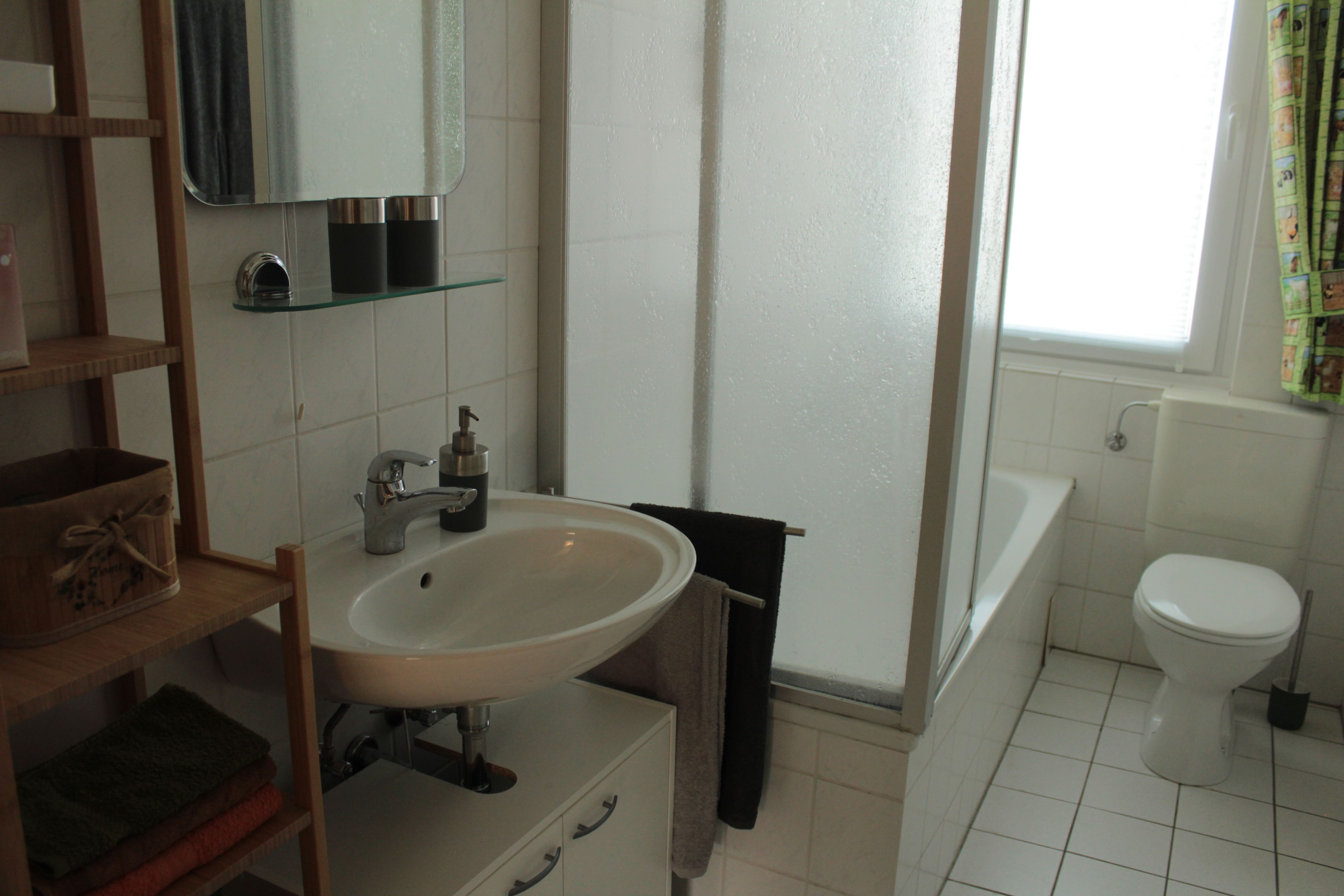 Ein Badezimmer mit weißem Waschbecken, einem Spiegel, einem Handtuchhalter, einer Toilette und einer Badewanne.