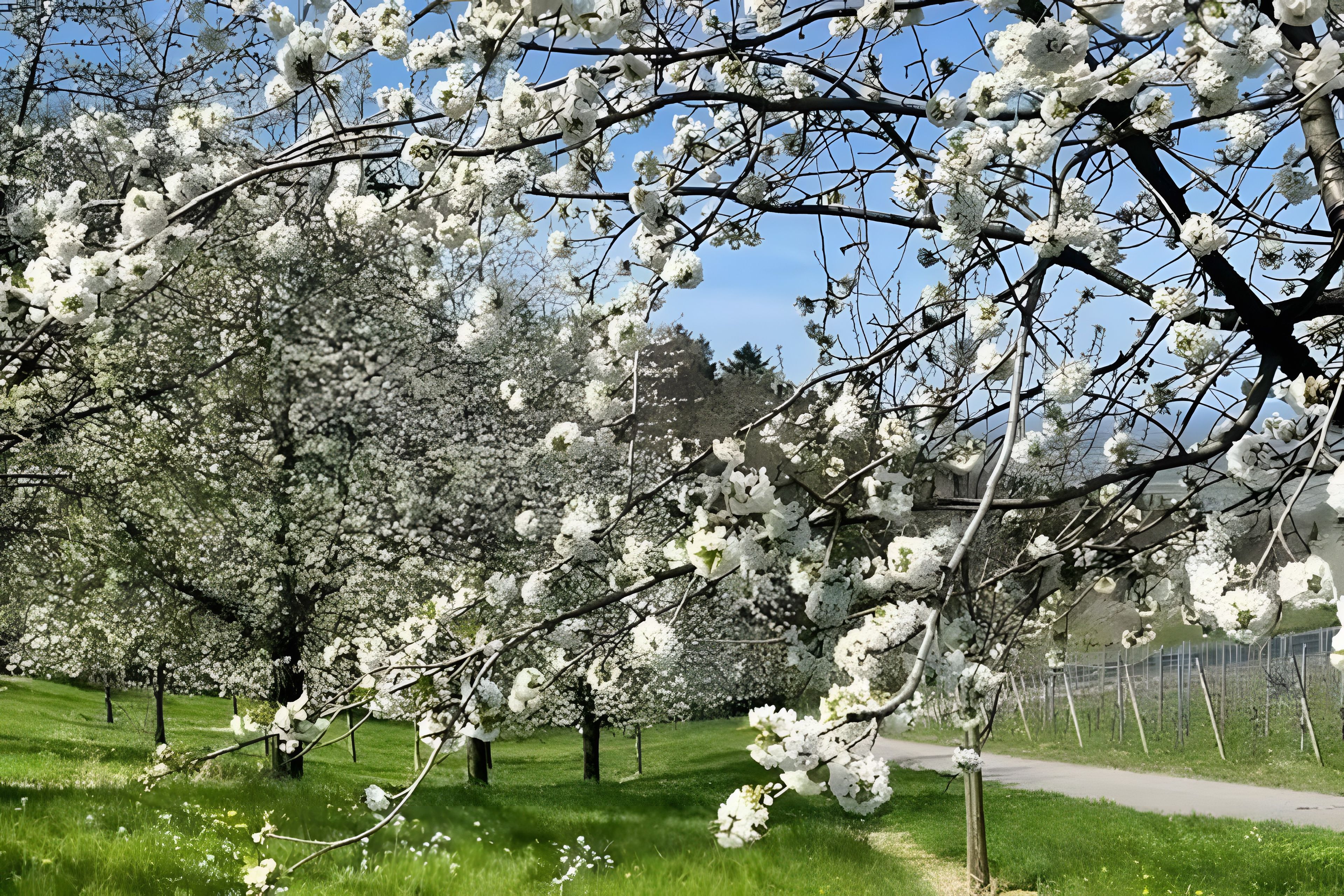 Een park met kersenbloesems en een wandelpad.