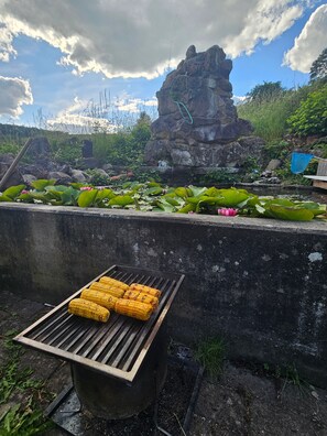 Una parrilla con mazorcas de maíz sobre una superficie de concreto, rodeada de lirios de agua y una formación rocosa.