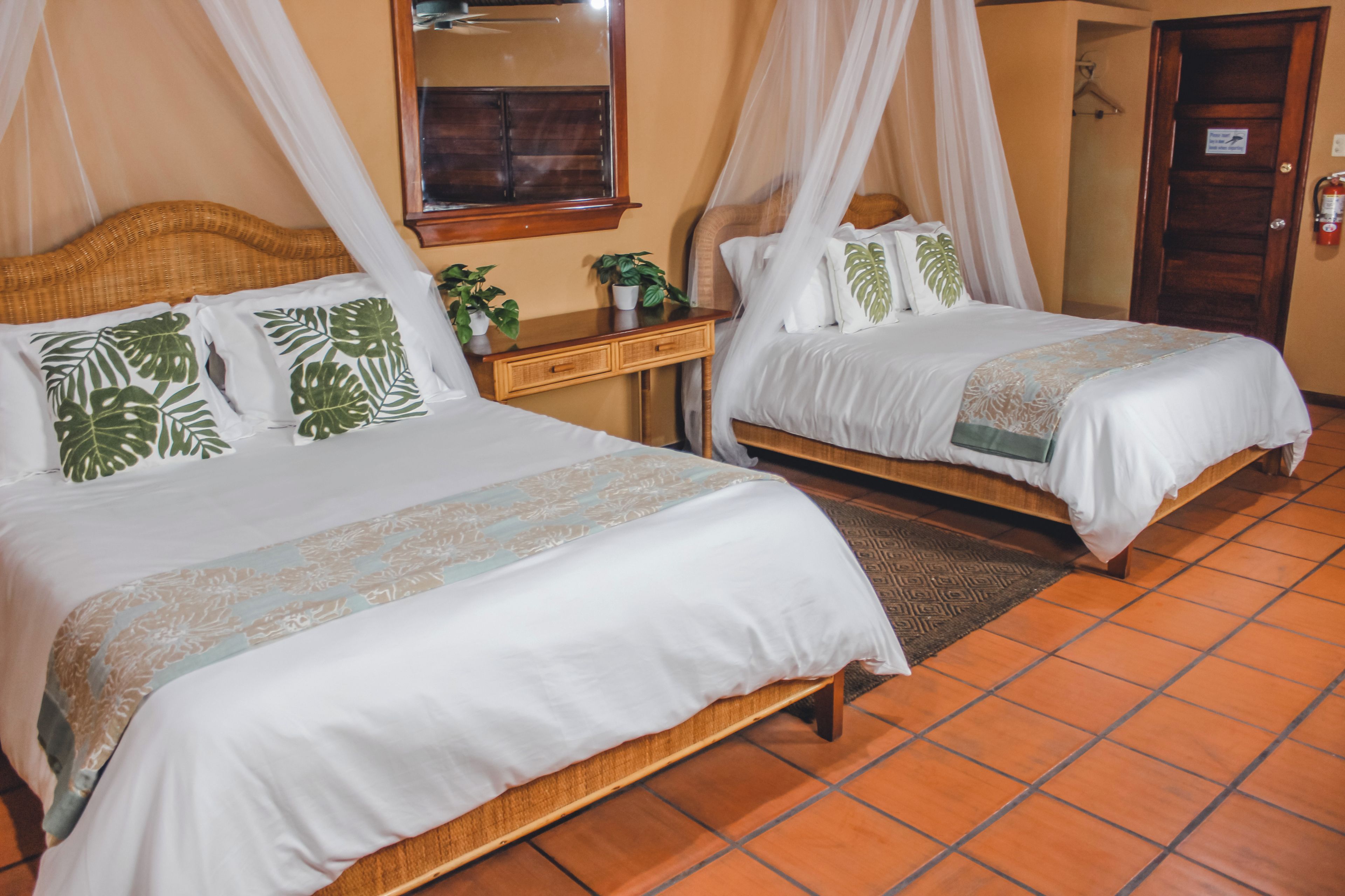 A hotel room with two beds, a wooden headboard, a bedside table with a plant, and a mirror on the wall.