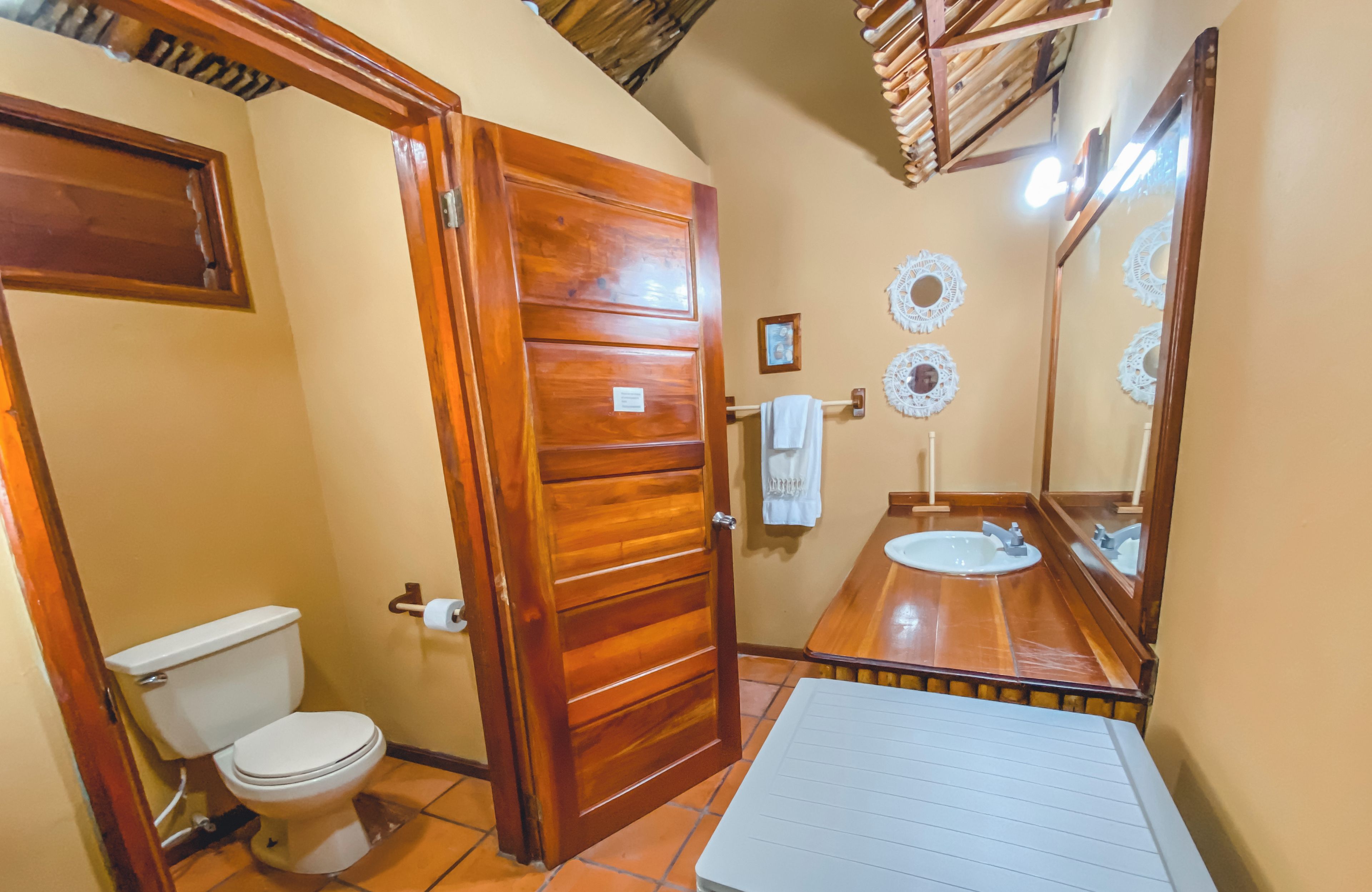 A bathroom with a wooden door, a toilet, a sink, and a mirror.