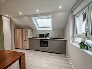 Una cocina moderna con tragaluz, horno empotrado y ventana con planta.