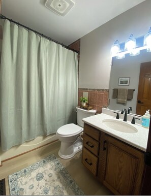 Un bagno con tenda da doccia, WC, lavandino e mobili in legno.