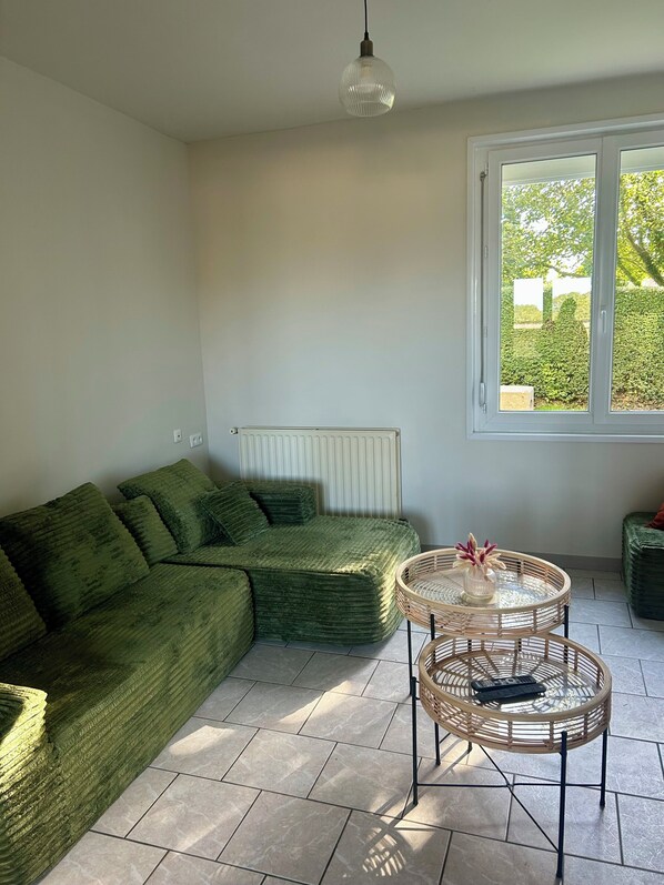 Ein Zimmer mit einem grünen Sofa, einem runden Korbstuhl-Tisch mit einer Vase, einem Heizkörper und einem Fenster mit Blick ins Grüne.