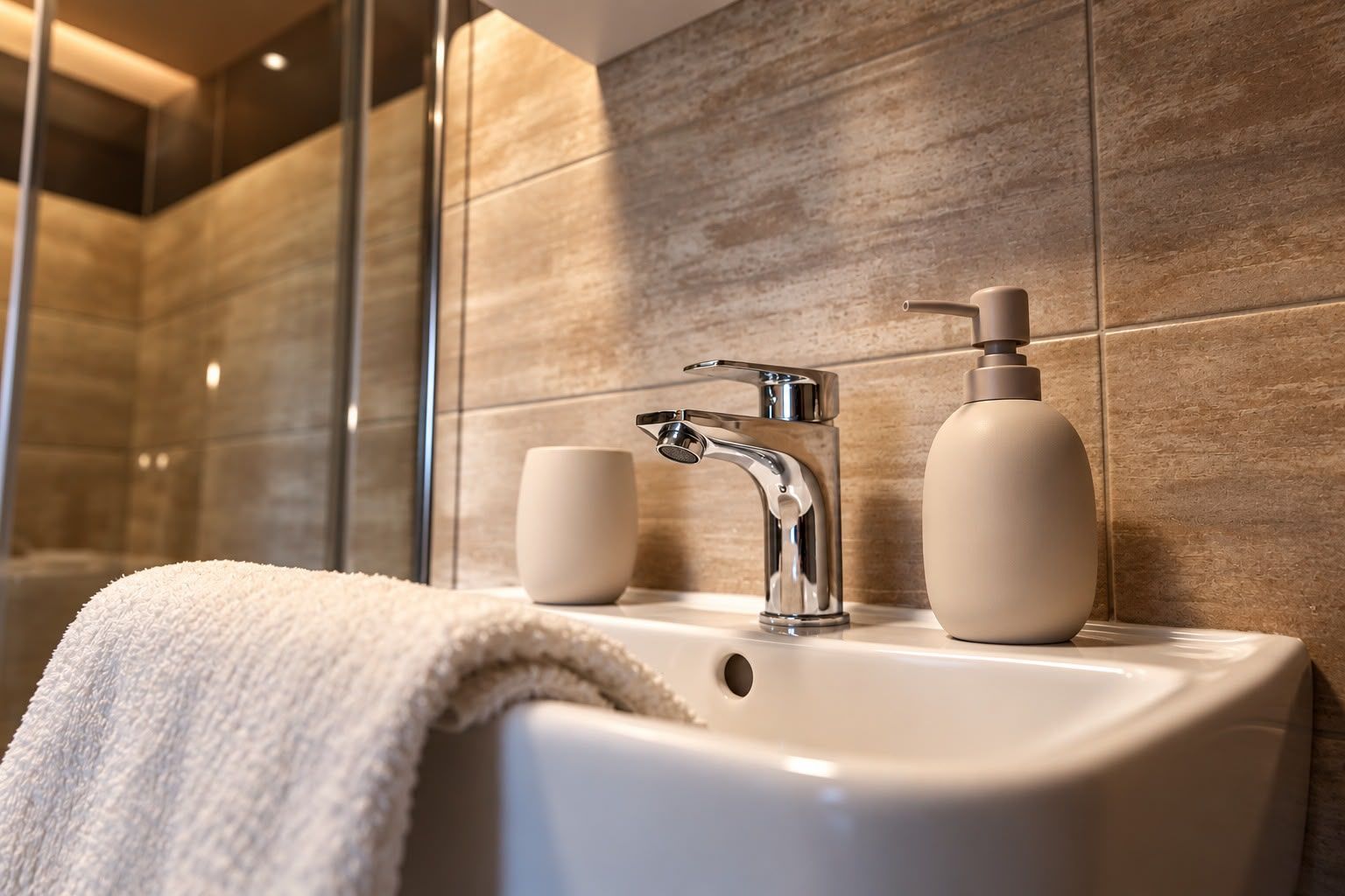 Un baño con lavamanos blanco, grifo cromado, dispensador de jabón y toalla.