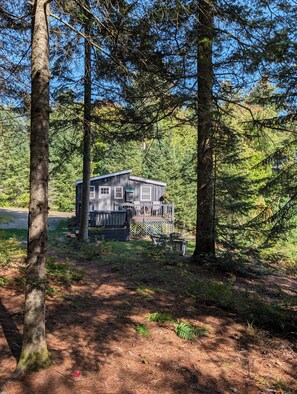A cabin with a deck, surrounded by dense forest. - Tiny House Woodland Retreat • Private Hot Tub • Sugarbush (Warren)