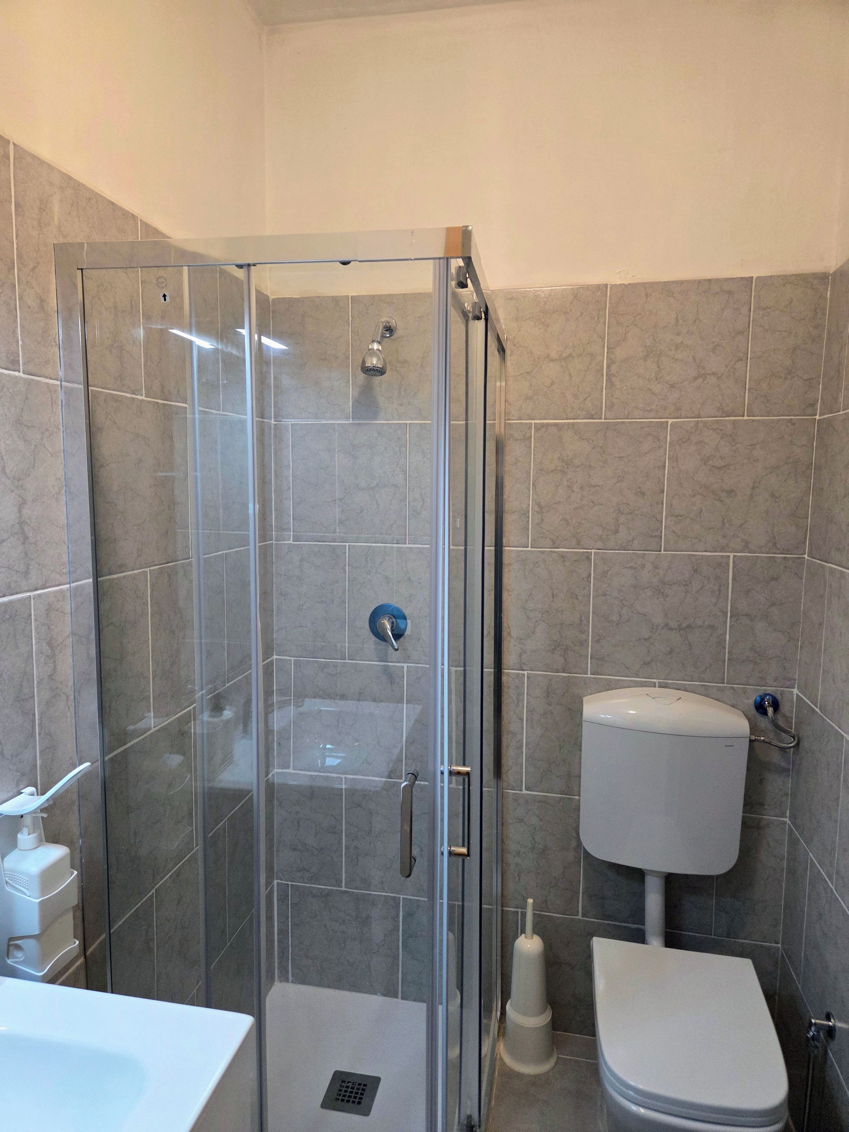 Ein Badezimmer mit Duschkabine, Toilette und Waschbecken.
