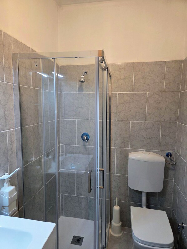 Une salle de bain avec une douche à parois de verre, des toilettes et un lavabo.