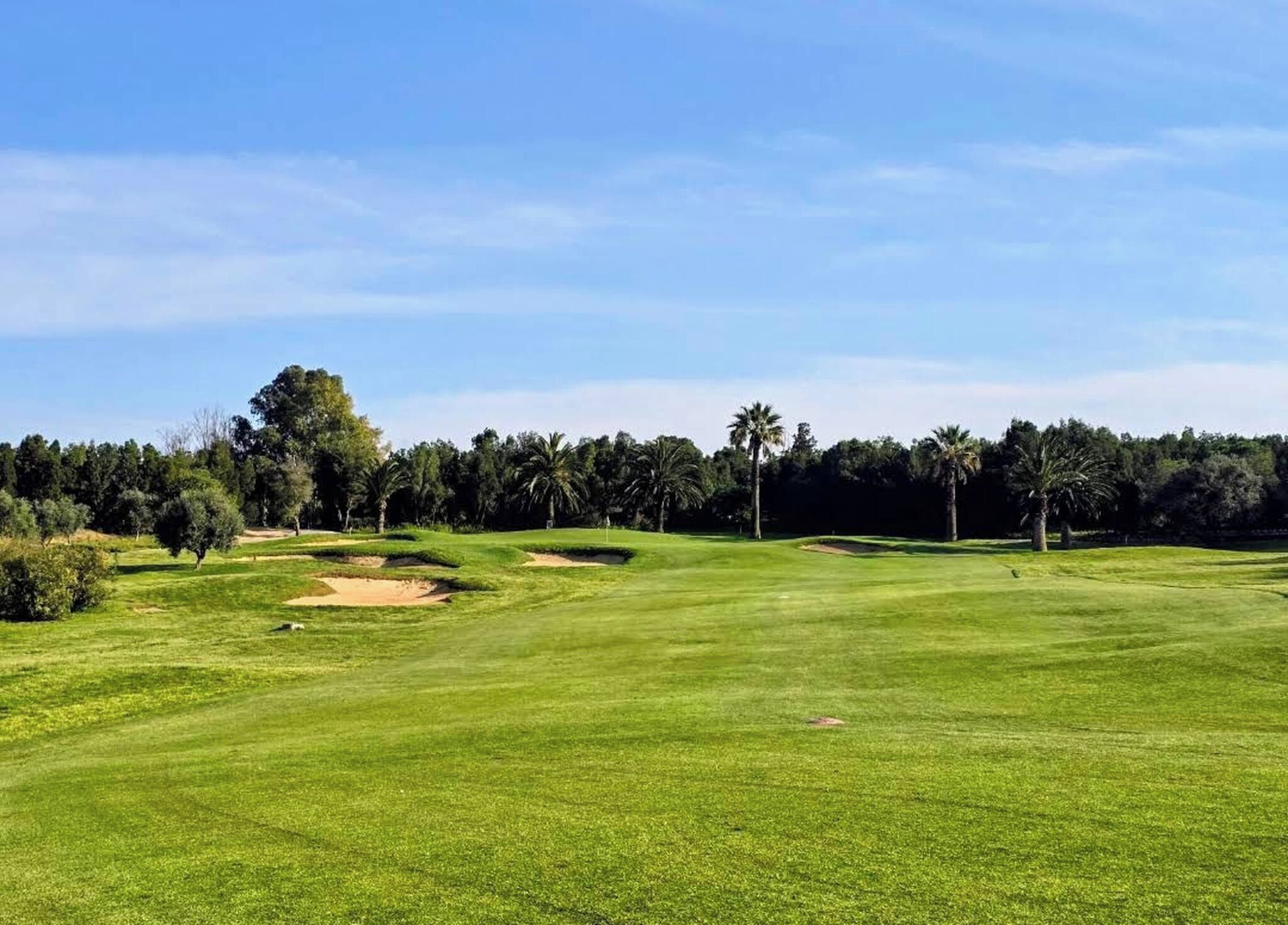 A golf course with well-maintained grass, sand bunkers, and a clear sky.