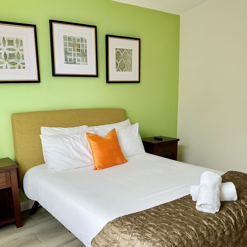 A neatly made bed with white and orange pillows, a brown headboard, and a gold quilted blanket. There are three framed artworks on the wall above the bed.