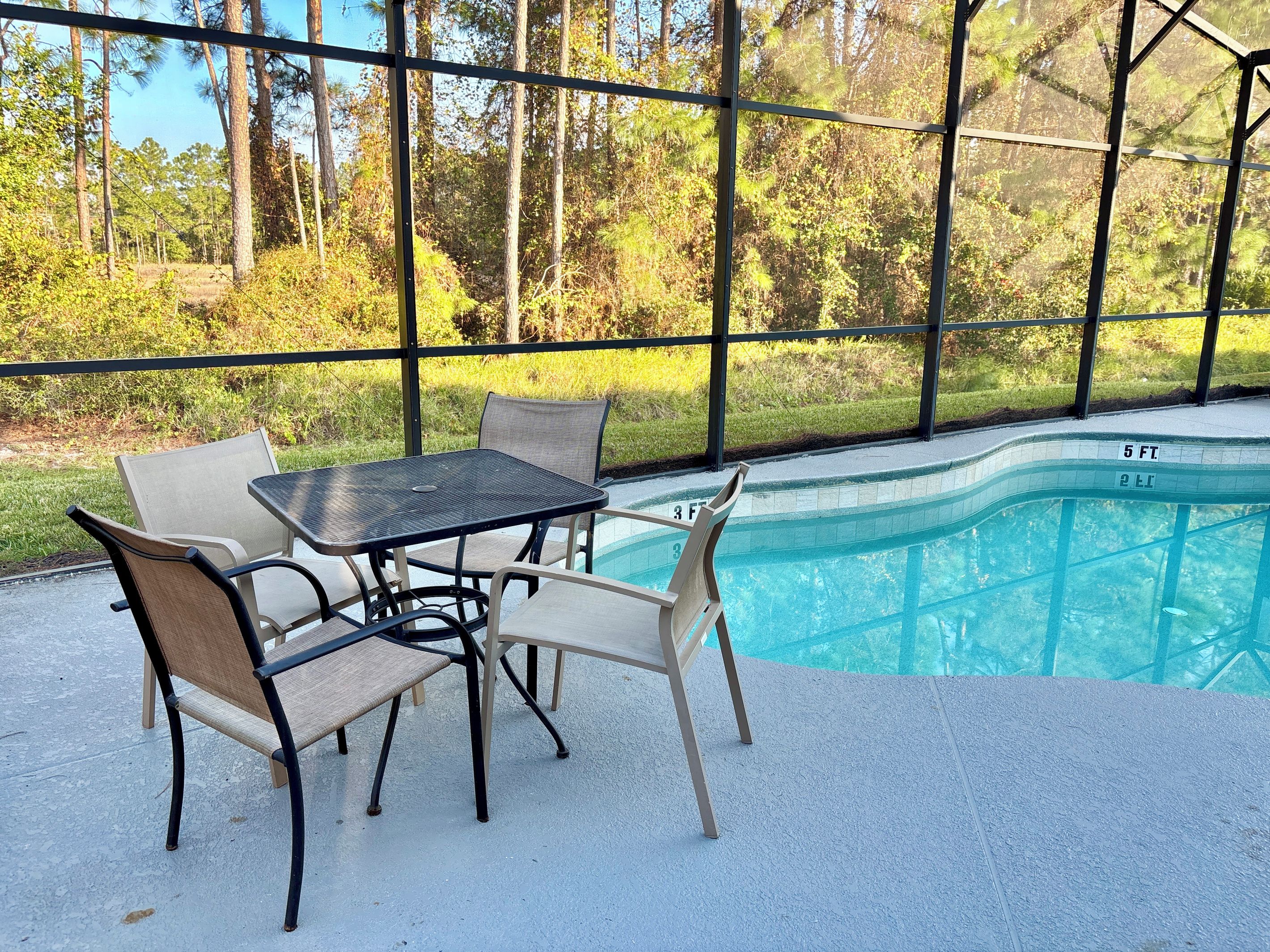 An outdoor pool area with a table and chairs, surrounded by a fence and trees.