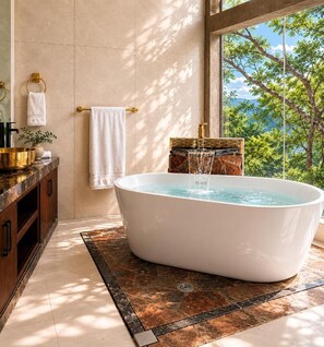 Ein Badezimmer mit einer freistehenden Badewanne, einem Waschtisch mit goldfarbener Keramikwaschbecken und Blick auf Bäume durch ein großes Fenster.