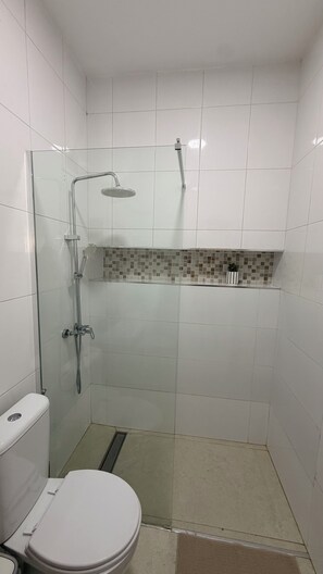 Bany amb dutxa tancada amb vidre, vàter i resclosa de rajola.