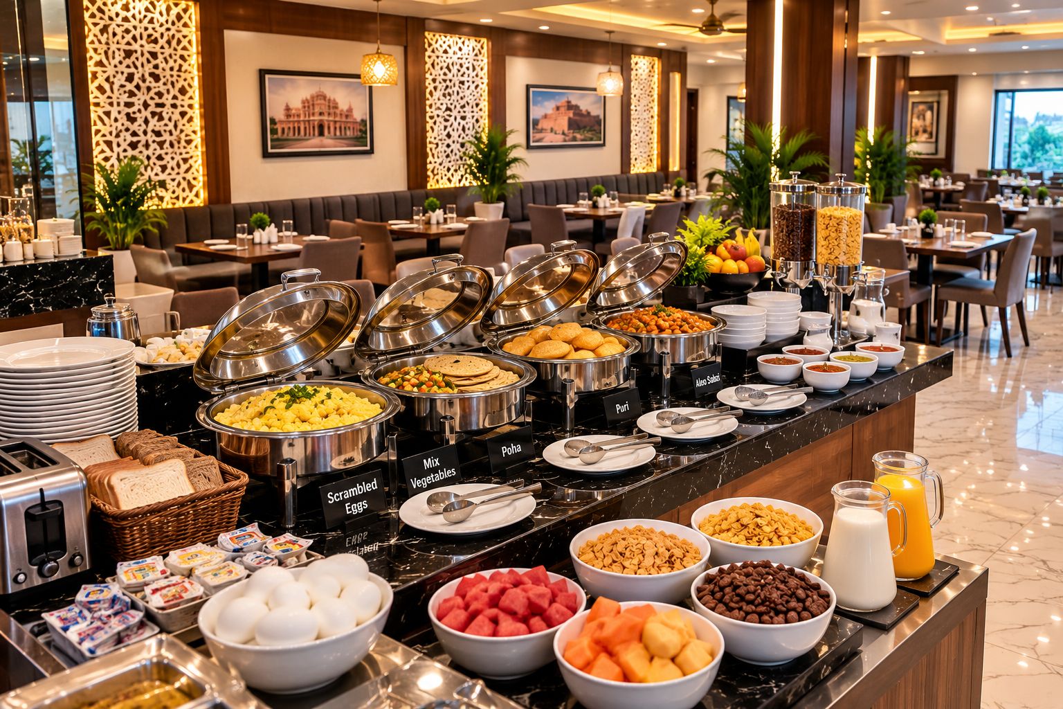 A buffet with various food options including scrambled eggs, poha, and mixed vegetables.