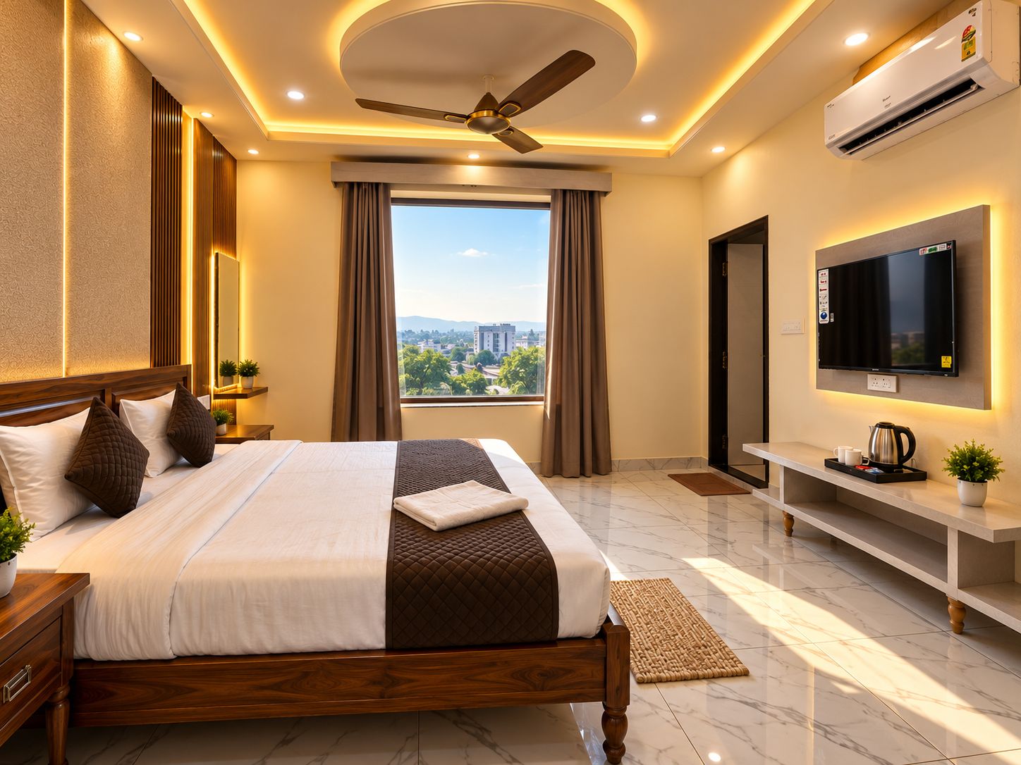 A modern hotel room with a bed, a ceiling fan, a TV, and a city view.