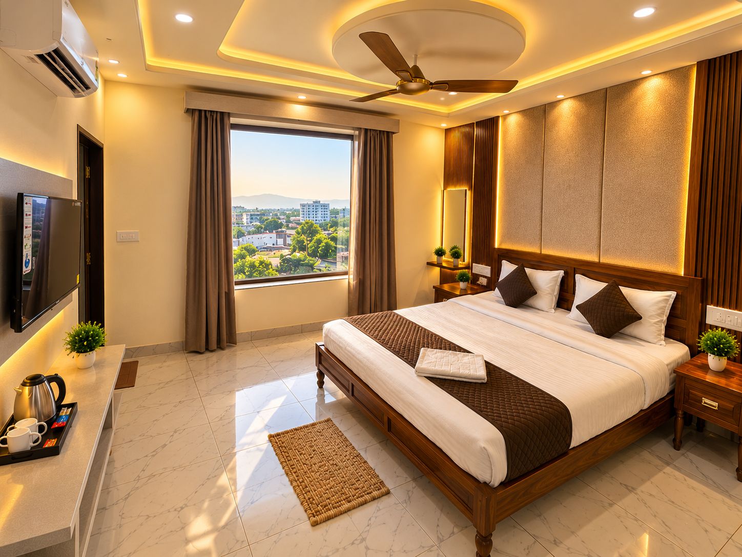 A hotel room with a large bed, a television, a desk with a coffee maker, and a view of the city.