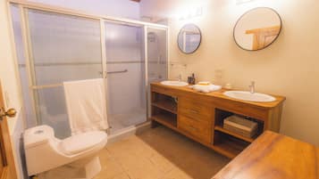 A bathroom with a toilet, a shower with a glass door, a sink, and a mirror.