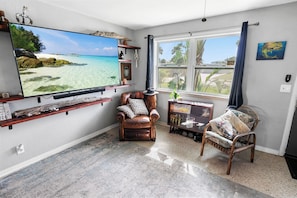 Un salon avec un grand téléviseur diffusant une scène de plage, un fauteuil en cuir, une chaise en osier et une petite table sur laquelle est posée une plante.
