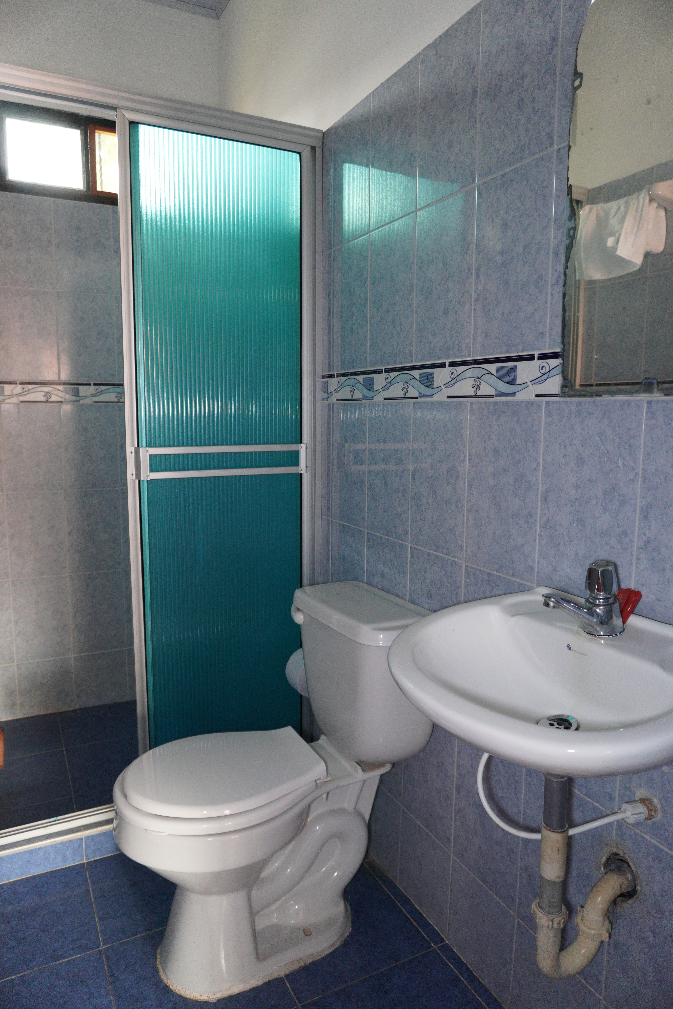 A bathroom with a toilet, sink, and shower.