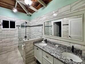 Une salle de bain avec deux lavabos, une douche et un grand miroir.