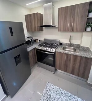 A compact kitchen with a built-in gas stove, a stainless steel refrigerator, and wooden cabinets. - New Listing (Boca Chica)
