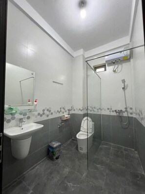 Baño con cabina de ducha de vidrio, lavamanos e inodoro.