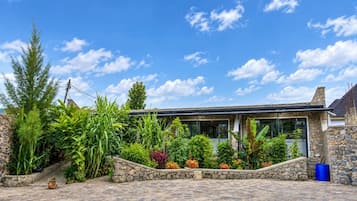 Une maison moderne avec une façade en pierre, une allée pavée et une variété de plantes et d’arbres.