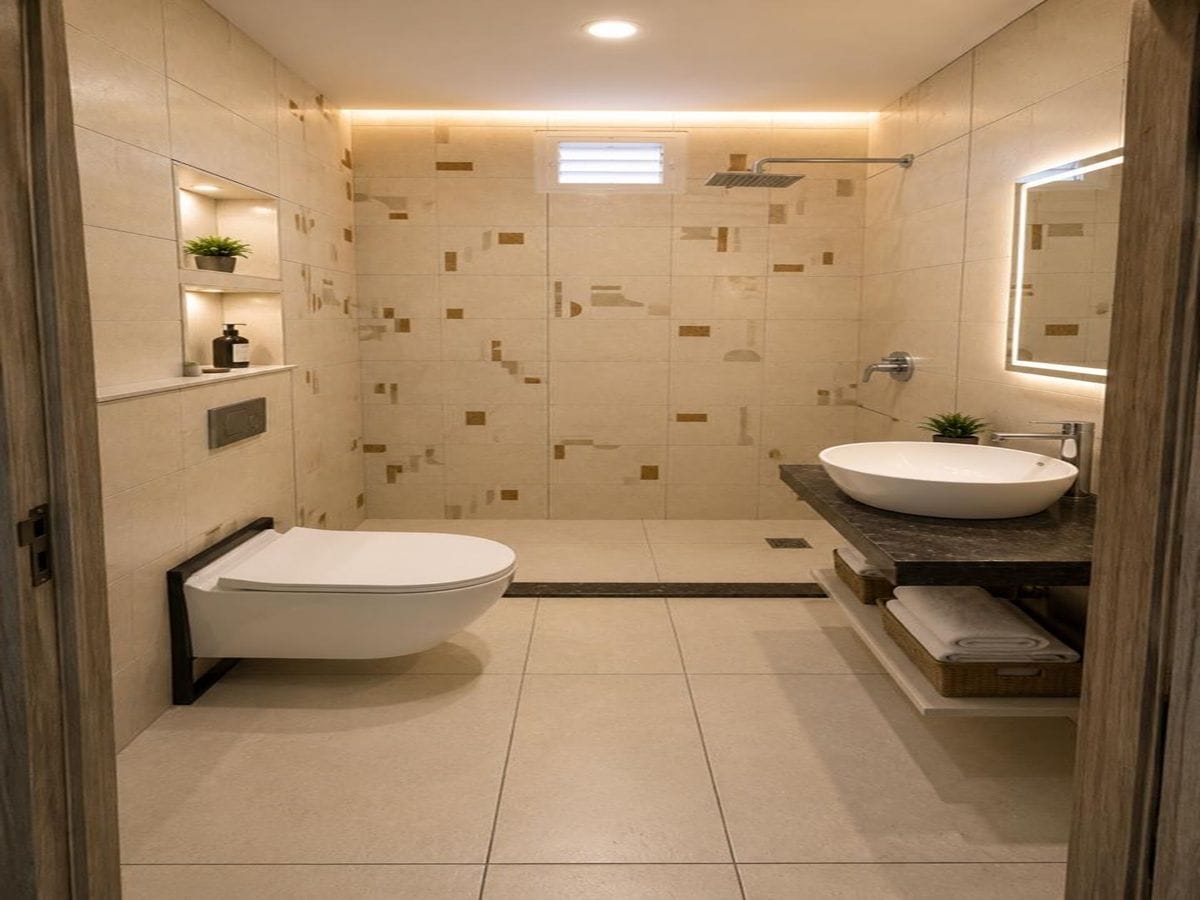 Une salle de bain moderne équipée de toilettes, d’un bidet et d’un lavabo.