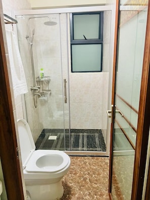 Ein Badezimmer mit einer Duschkabine, einer Toilette und einem kleinen Ablagefach für Pflegeprodukte.