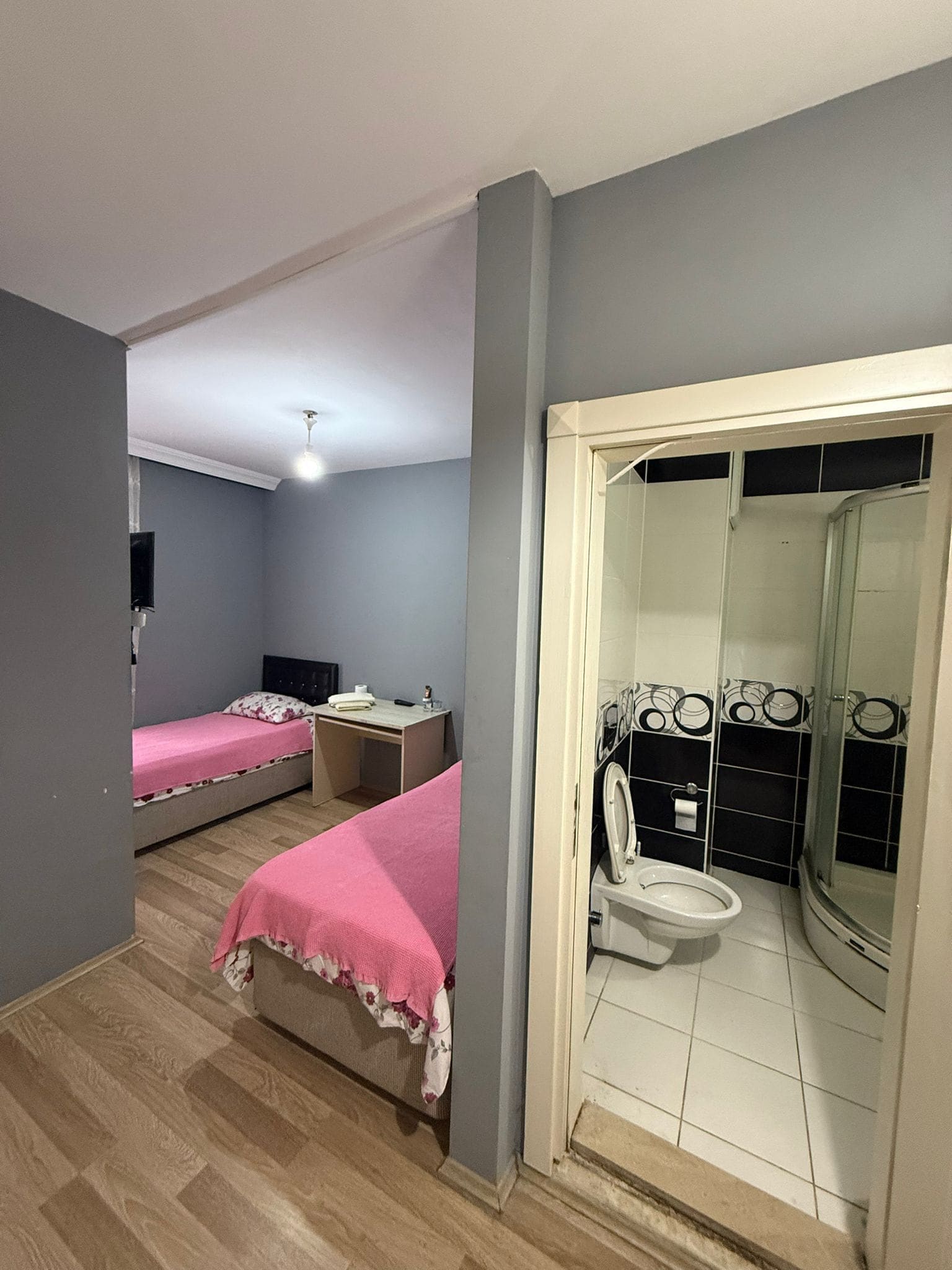 Un dormitorio con dos camas, un escritorio pequeño y un baño con inodoro y espejo.