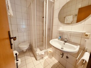 Une salle de bain équipée de toilettes, d’une douche, d’un lavabo et d’un miroir.