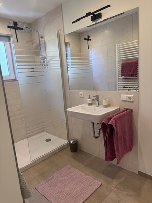 A modern bathroom with a glass shower enclosure, a sink with a mirror, and a towel rack. - Holiday Apartment 'Burghof' with Shared Garden and Wi-Fi (Leibertingen)