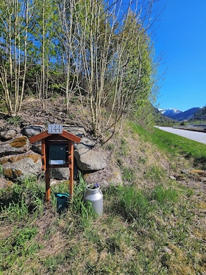 A wooden signpost with a number, a metal information box, and a water container in a natural setting with trees and a road in the background. - New Listing (Vestland)