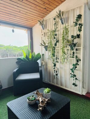 A balcony with a wicker chair, a small table with plants, and a vertical garden against the wall. - New Listing (Le Barcarès)