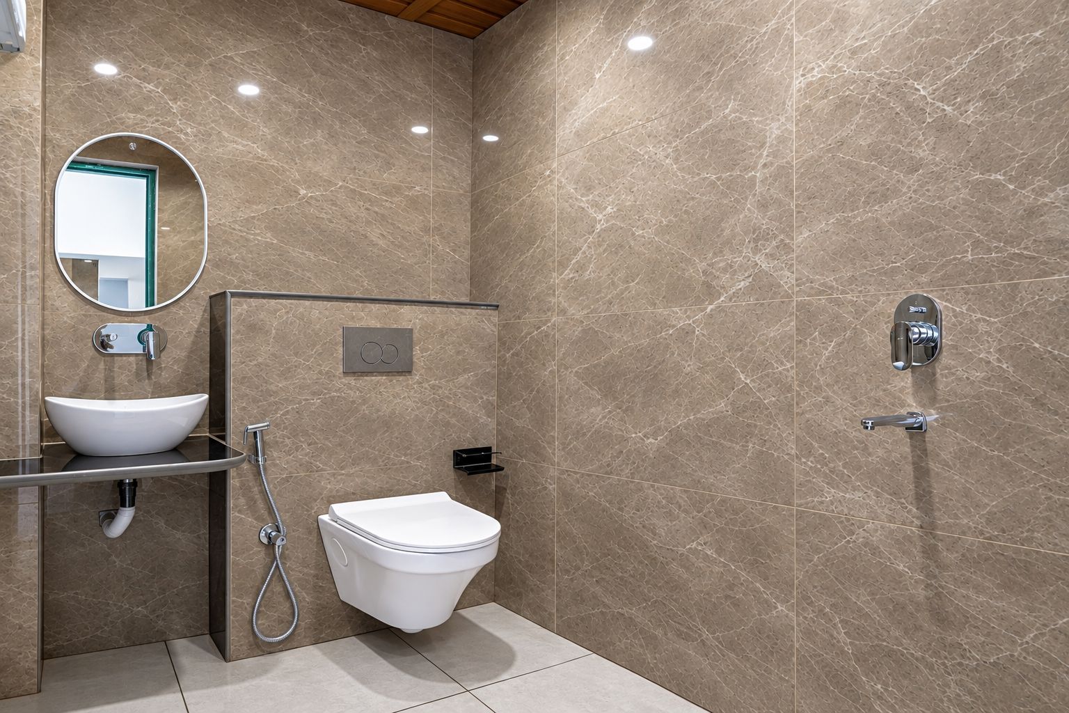 Un baño moderno con lavamanos, espejo, inodoro y ducha.