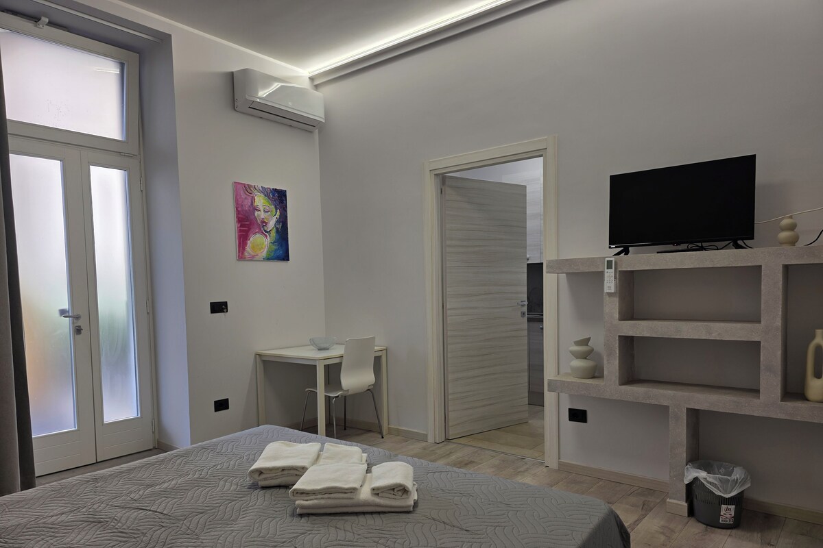 Una habitación de hotel con cama, escritorio, silla, televisor y puerta.