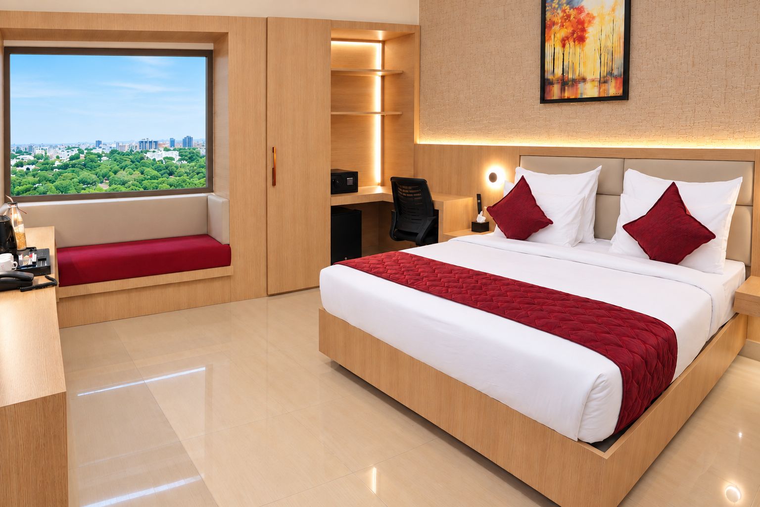 Una habitación de hotel moderna con una cama grande, un escritorio y vistas a un paisaje urbano.