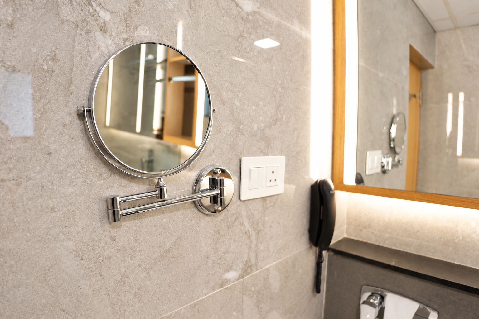 Un baño con un espejo redondo, un perchero, un teléfono y un enchufe.