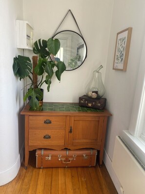 A wooden cabinet with drawers, a potted plant, a mirror, and a suitcase. - Brigadoon - Central Art Deco house in the heart of the CBD (Warrnambool)