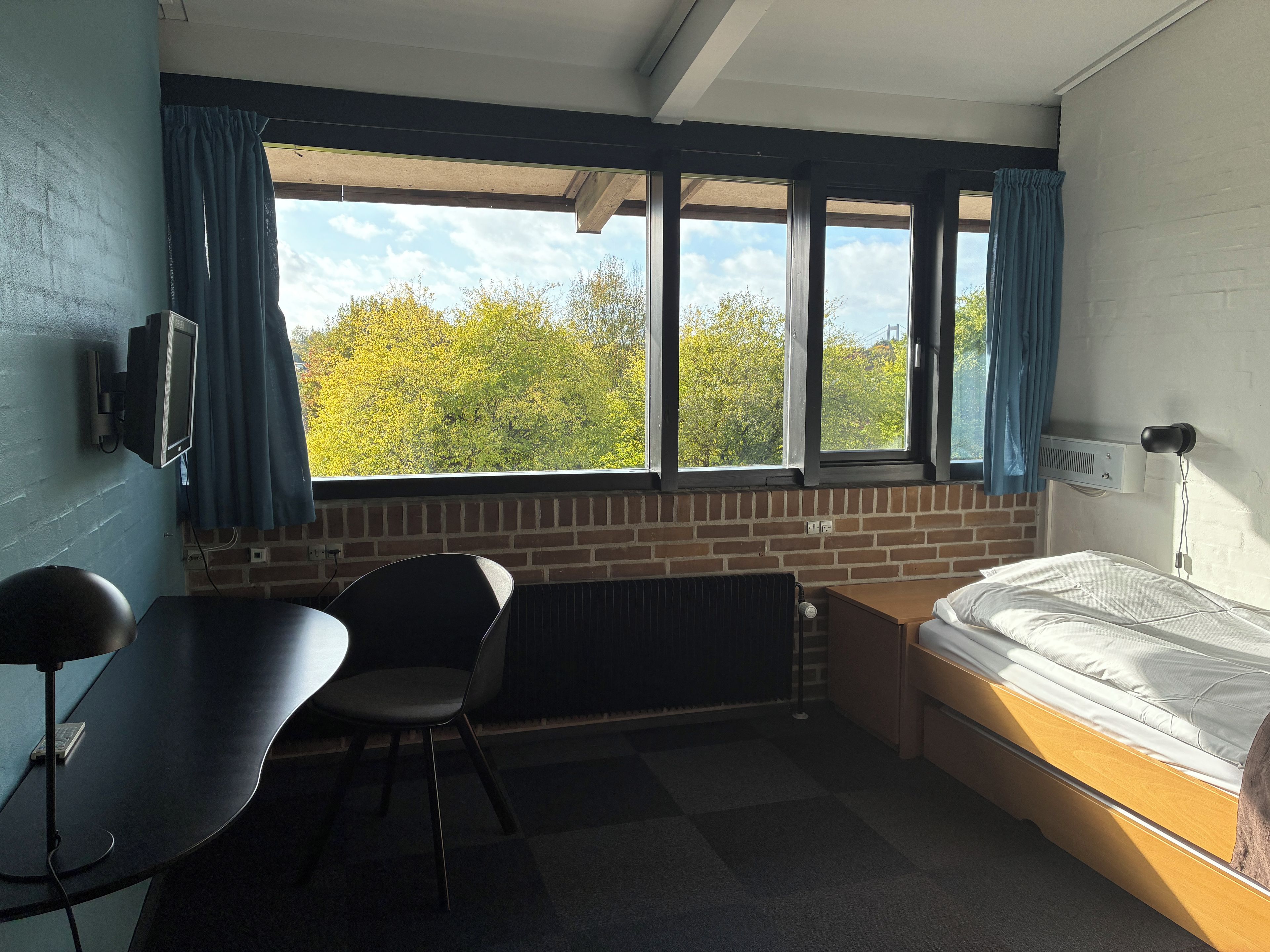 A room with a bed, a desk, a chair, a radiator, and a window with curtains.