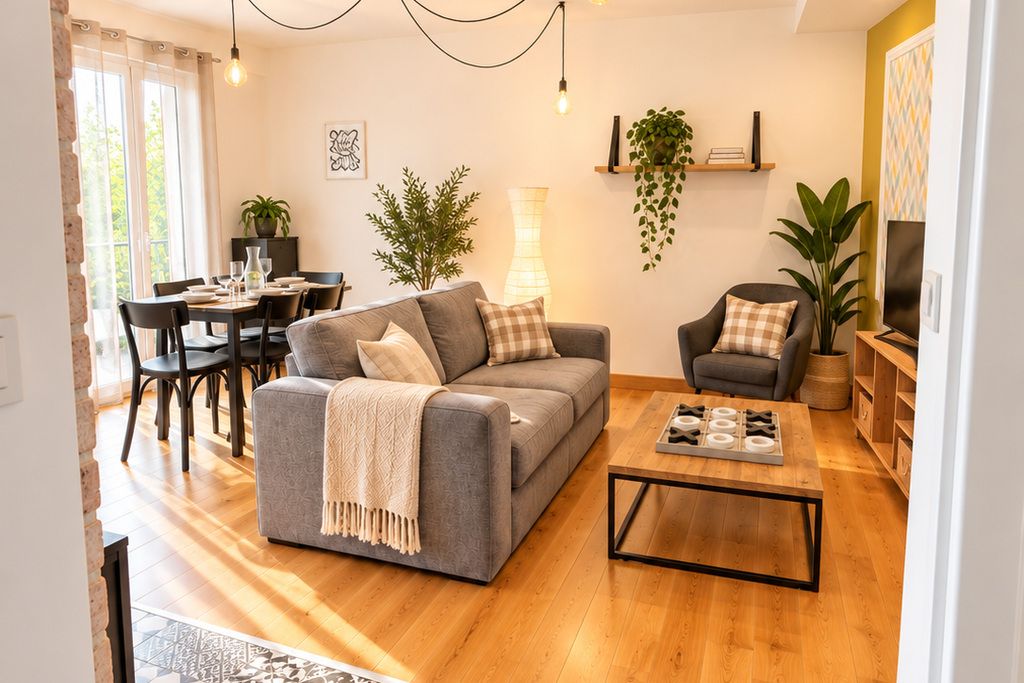 Een moderne woonkamer met een grijze bank, een eettafel en een salontafel.