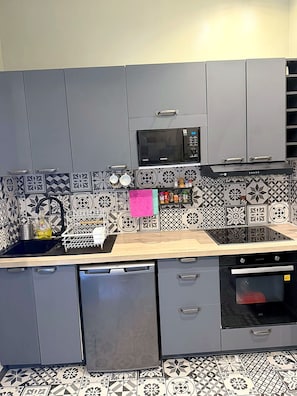 A compact kitchen with grey cabinets, a microwave, a dishwasher, and a sink. - Room with Private Bathroom and Air Conditioning – Cagnes-sur-Mer (Cagnes-sur-Mer)